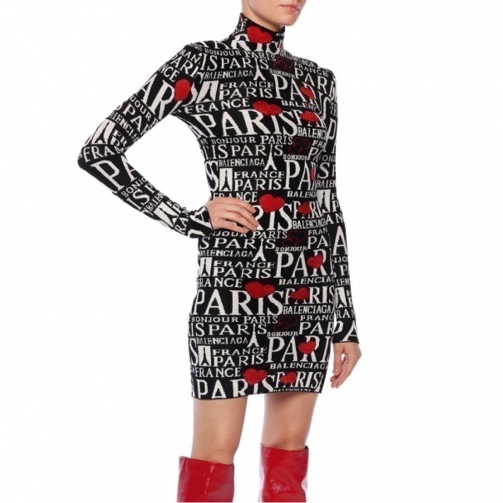 BALMAIN Black Bonjour Paris Turtleneck Long Sleeve Knit Dress. M. NWT. $2750!